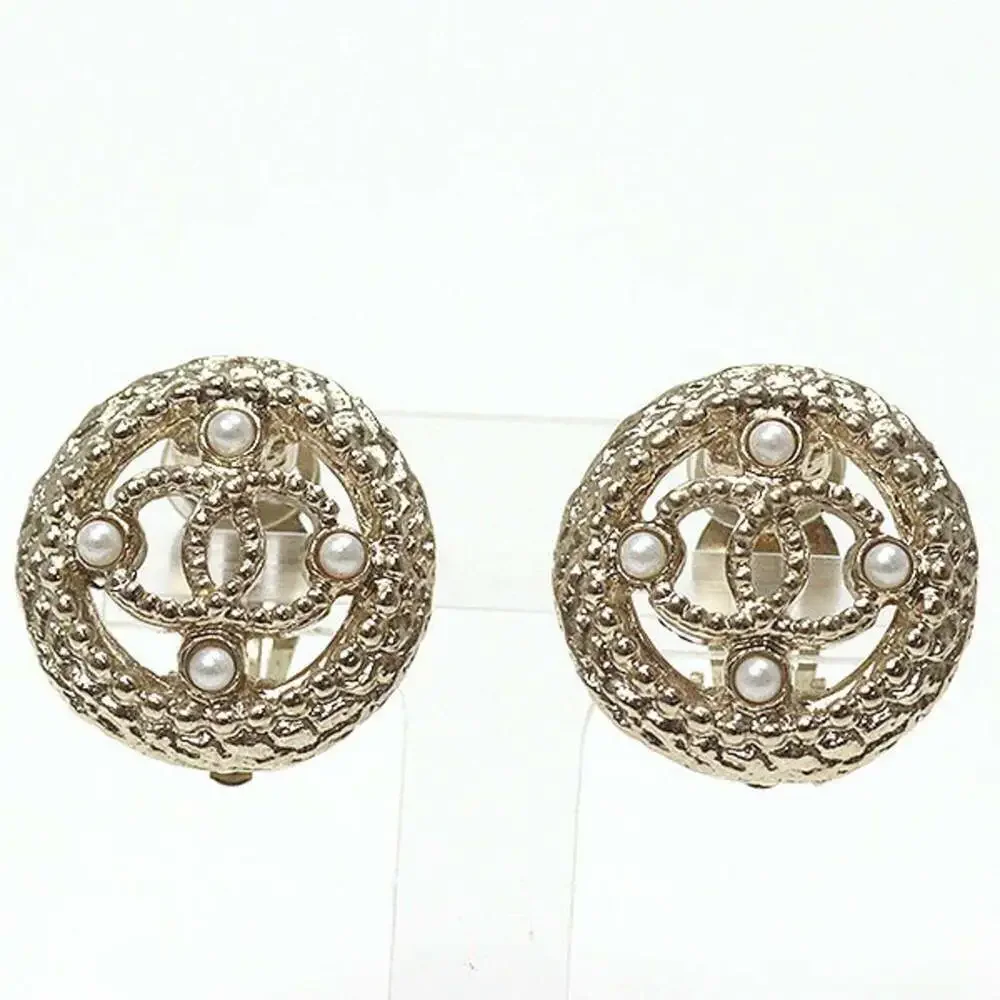 CHANEL Gold Pearl Logo Earrings